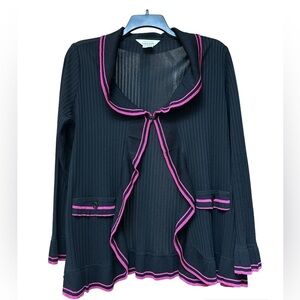 Exclusively Missook Fine Sheer Knit Ribbed OpenCardigan Magenta Ruffle Trim Flaw